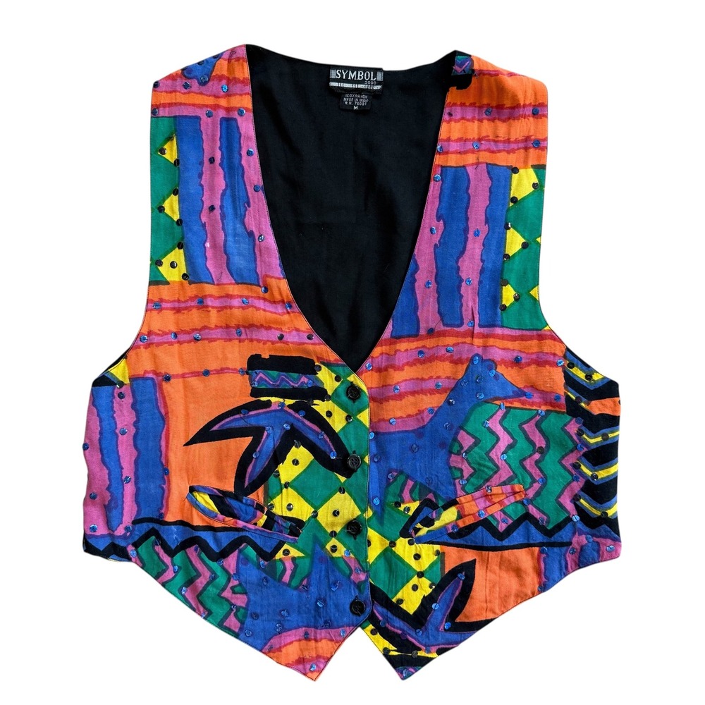 Vintage Symbol 2000 Abstract Geometric Sequin Rayon Vest Womens Medium Multi - Picture 2 of 8